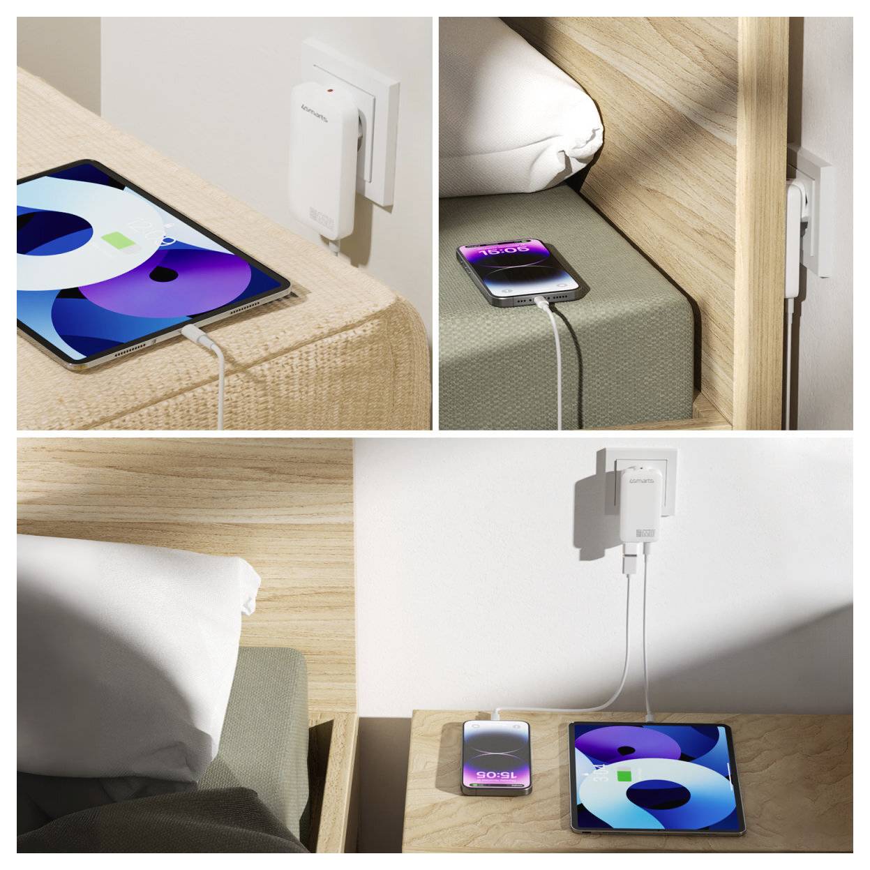 Collage zeigt eine kompakte wandmontierte Ladestation mit Kabeln, die ein Tablet und ein Smartphone neben einem Bett und einem Nachttisch mit Strom versorgen.