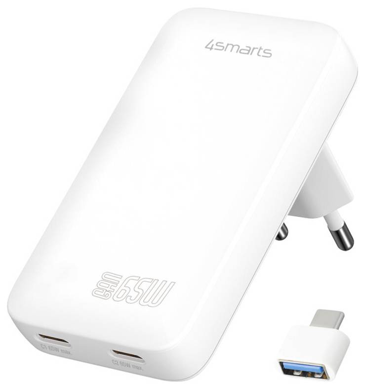 Weißes 4smarts 65W USB-C Wandladegerät mit klappbarem Stecker und mitgeliefertem USB-C-Adapter, dargestellt auf weißem Hintergrund.
