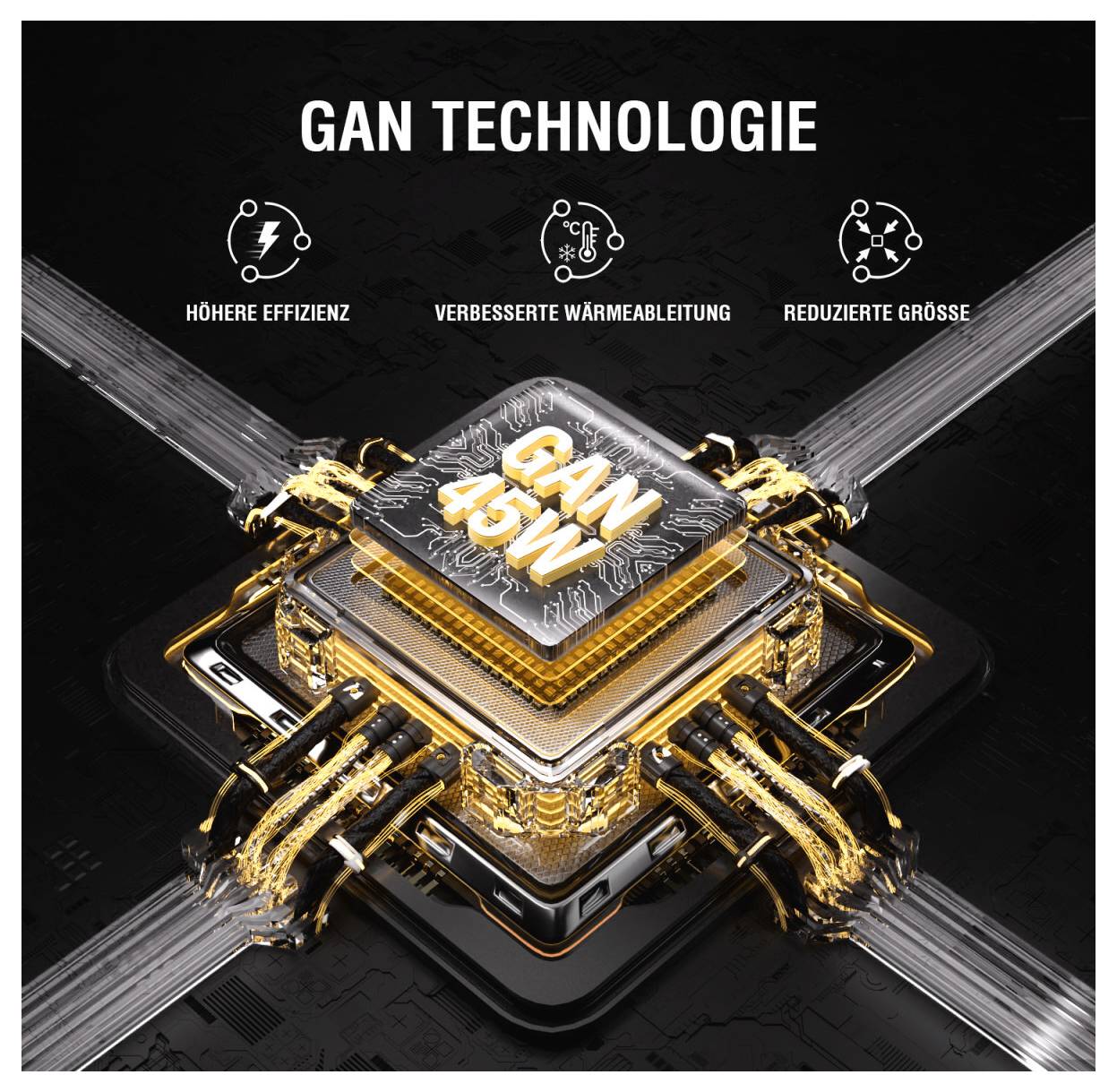 Grafik eines „GAN-TECHNOLOGIE"-Chips mit der Bezeichnung „GAN 45W" mit Symbolen, die höhere Effizienz, bessere Wärmeableitung und kleinere Größe anmerken.