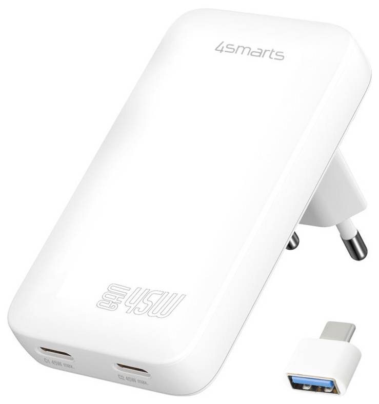 Weißes 4smarts 45W USB-C Netzteil mit klappbarem europäischem Stecker und enthaltenem USB-C-Adapter, gezeigt auf einfachem Hintergrund.