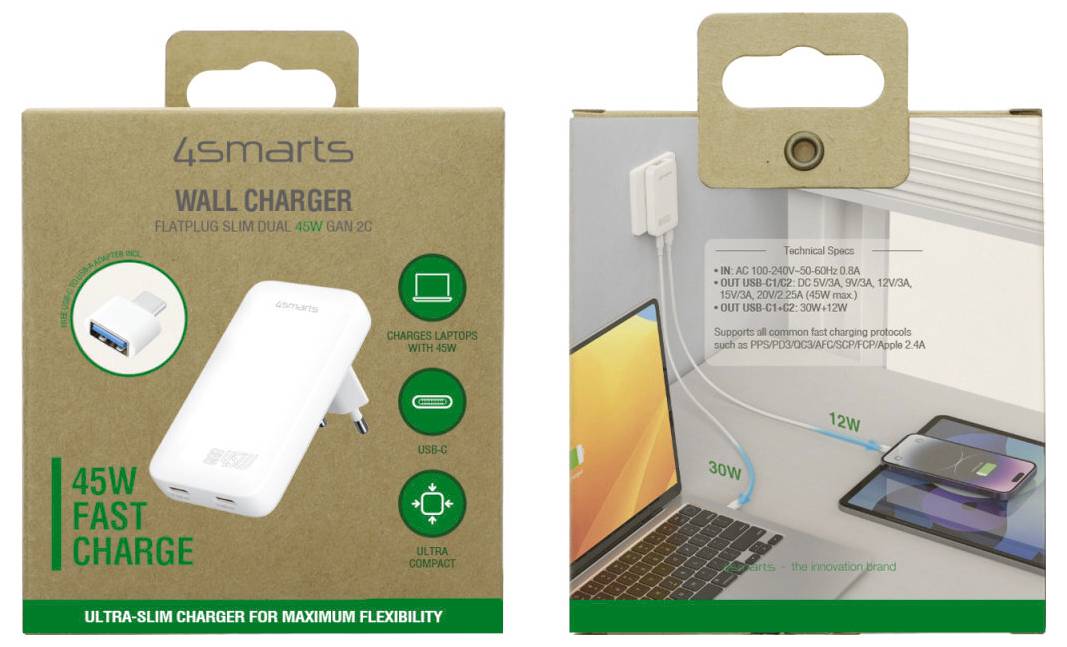 Verpackung für ein 45W 4Smarts Wandladegerät, Vorder- und Rückseite gezeigt, mit Produktbild, Kompatibilitätssymbolen und technischen Spezifikationen.