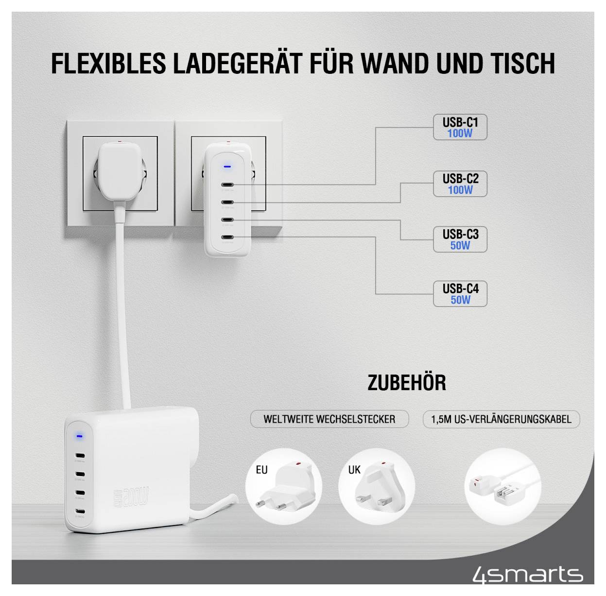 4Smarts USB Ladegerät 200W USB-C® USB PD Weiß Innenbereich GaN, USB Power Delivery (USB-PD)