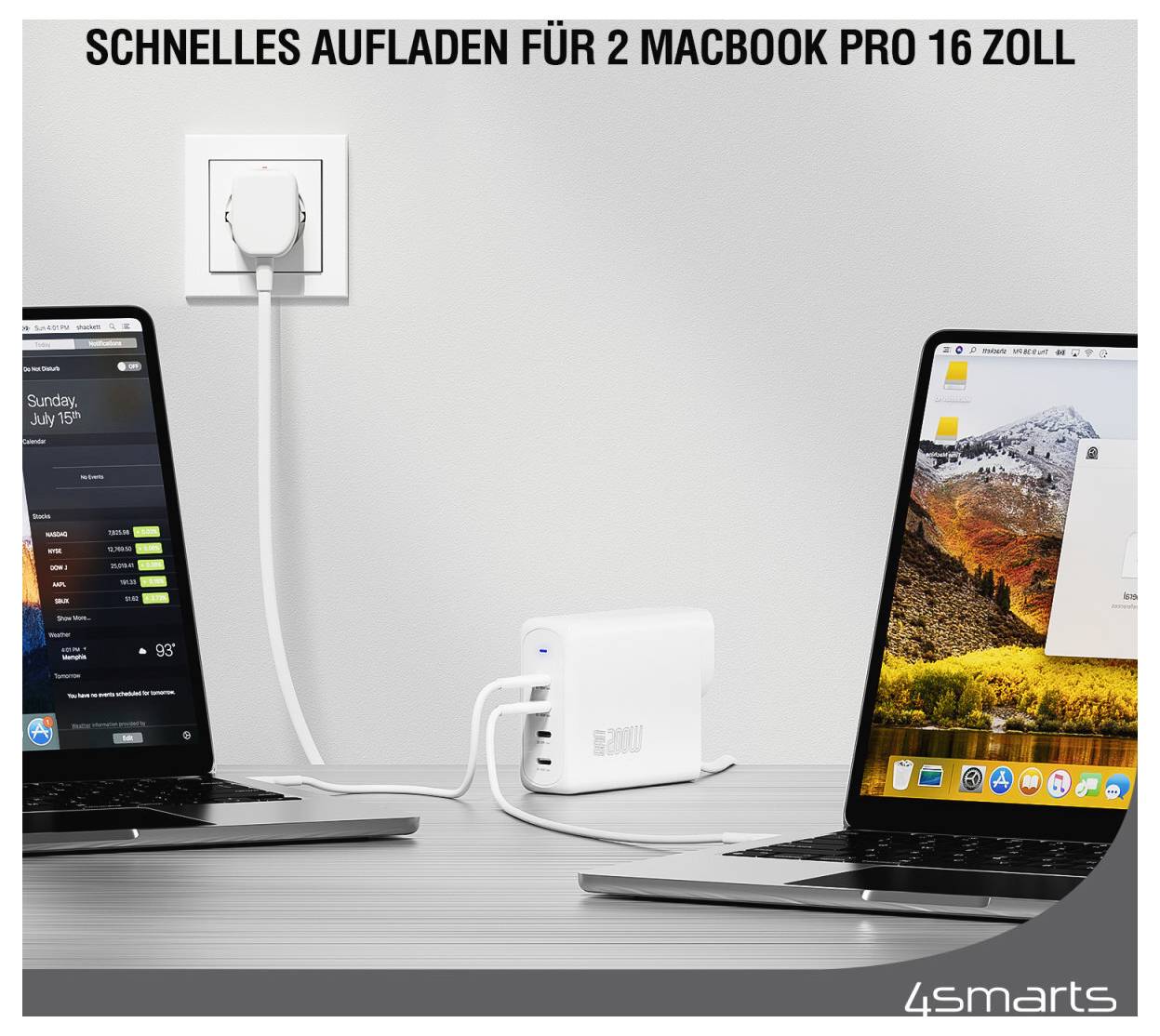 Schnelles Aufladen für 2 MacBook Pro 16 ZollWerbeanzeige zeigt zwei MacBook Pro 16-Zoll-Laptops, die über eine Wandsteckdose mit einem kompakten weißen Netzteil geladen werden.