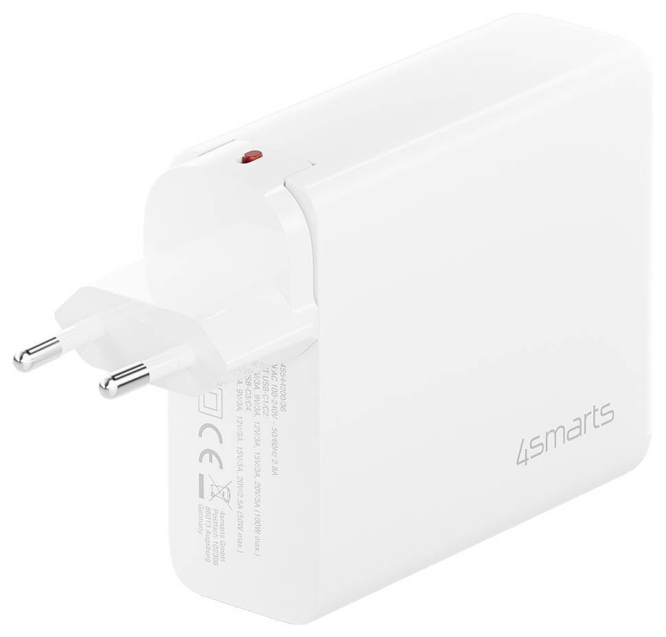 Weißer 4smarts USB-Stromadapter mit europäischem zweipoligem Stecker und roter Kontrollleuchte auf einfachem Hintergrund.