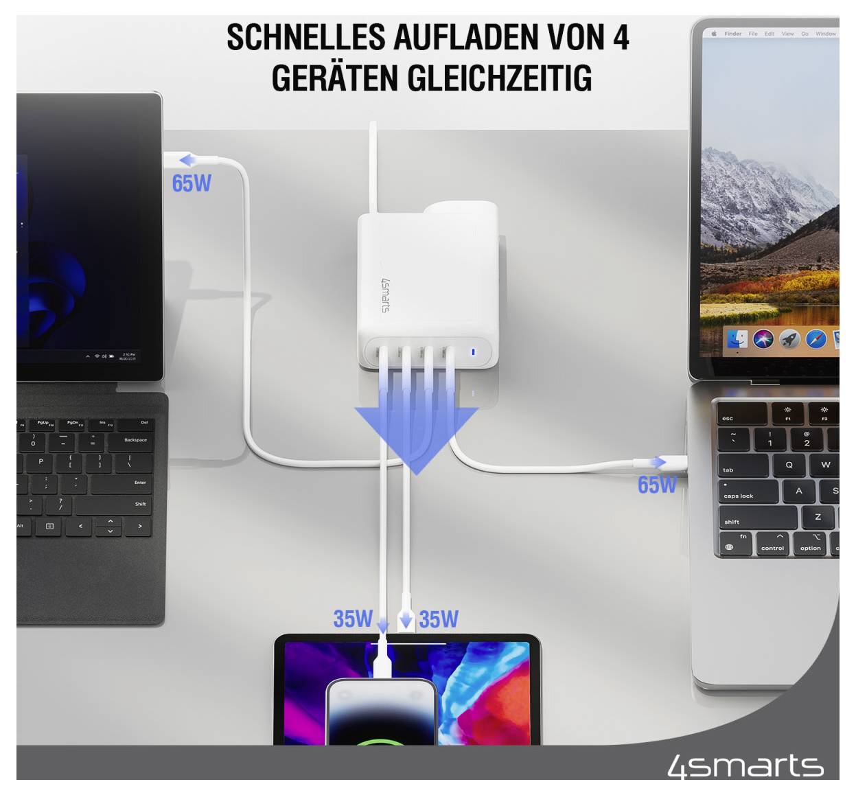 Infografik, die ein Ladegerät zeigt, das vier Geräte gleichzeitig mit Strom versorgt, mit der Beschriftung „Schnelles Aufladen von 4 Geräten gleichzeitig