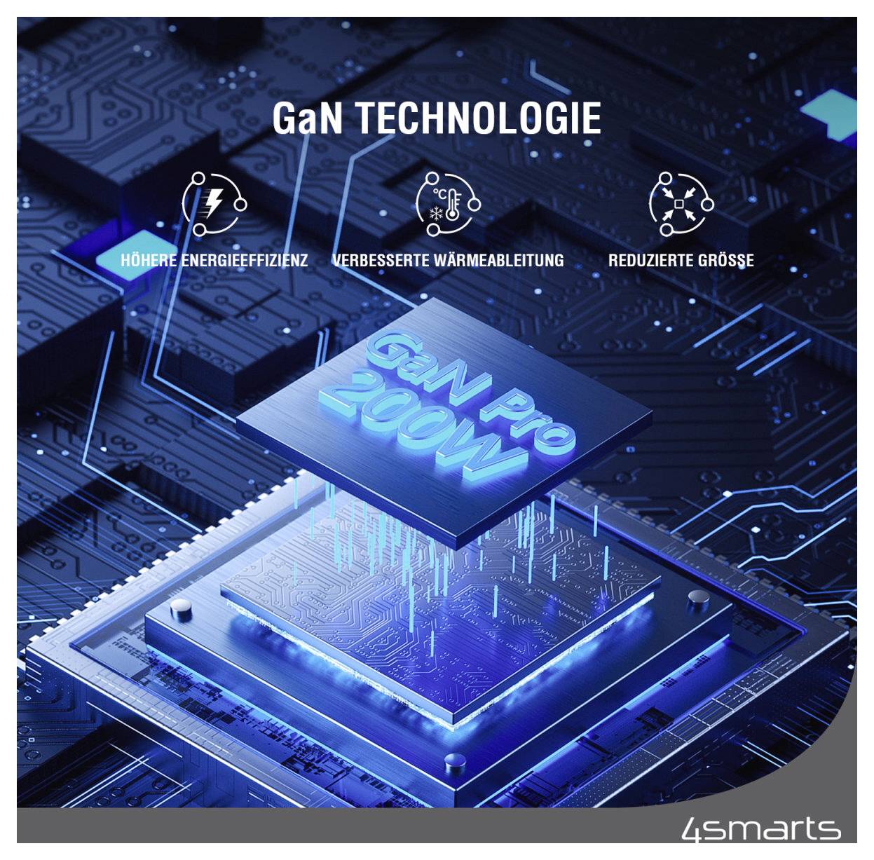 Grafik eines GaN-Technologie-Chips mit der Bezeichnung 
