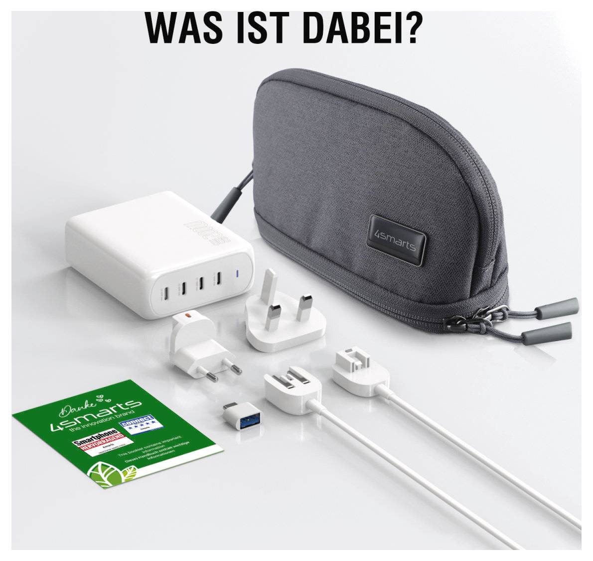 Reiseadapter-Set mit Transporttasche, Ladehub, austauschbaren Steckern und Kabeln, beschriftet mit „WAS IST DABEI?
