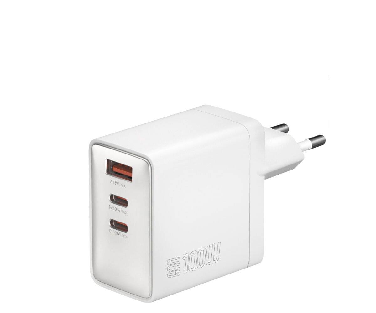 Weiße USB-Wandladegerät mit zwei Stiften, drei vorderen Anschlüssen und 