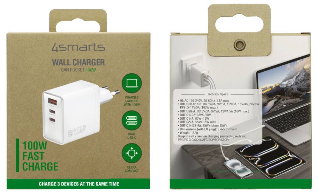 4Smarts 100W Wandladegerät-Paket von vorne und hinten gezeigt, mit einem weißen Multi-Port-Ladegerät, Ladesymbolen und Laptop-Kompatibilität auf der Verpackung.