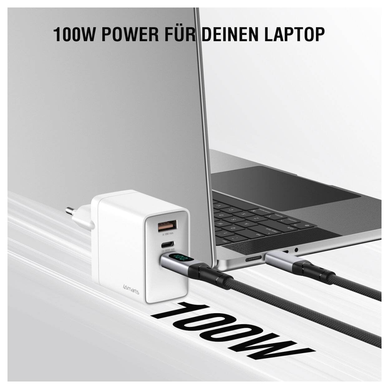 Laptop-Ladeanzeige mit einem weißen 100-W-USB-C-Wandladegerät, das einen Laptop mit Strom versorgt; Text lautet 