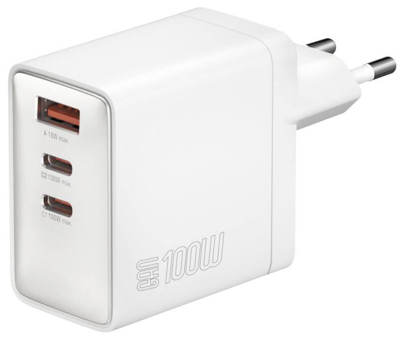 Weiß 100W Wandladegerät mit zweipoliger Steckdose und drei USB-C-Anschlüssen, mit Etikett für 100W maximale Ausgangsleistung.