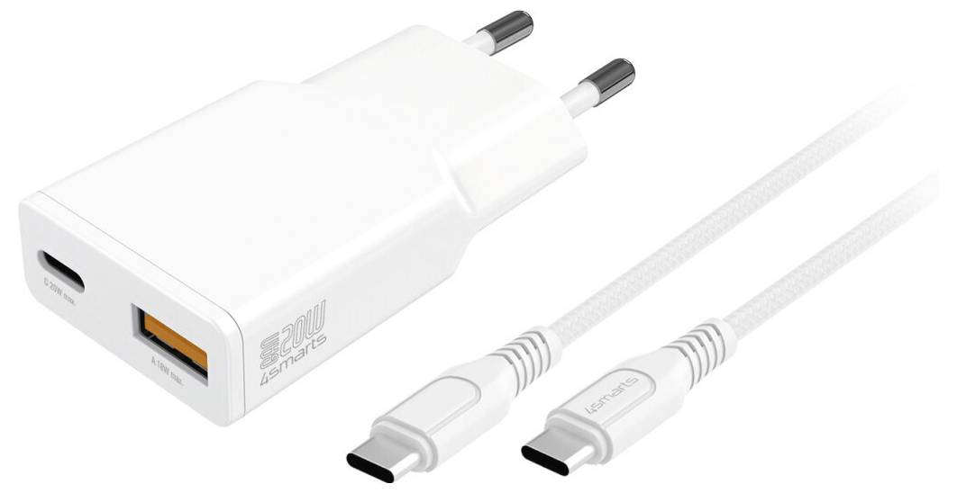 Weiß USB-Wandladegerät mit zwei europäischen Steckzinken, einem USB-A-Anschluss und einem weißen USB-C-Kabel mit Metallanschlüssen.