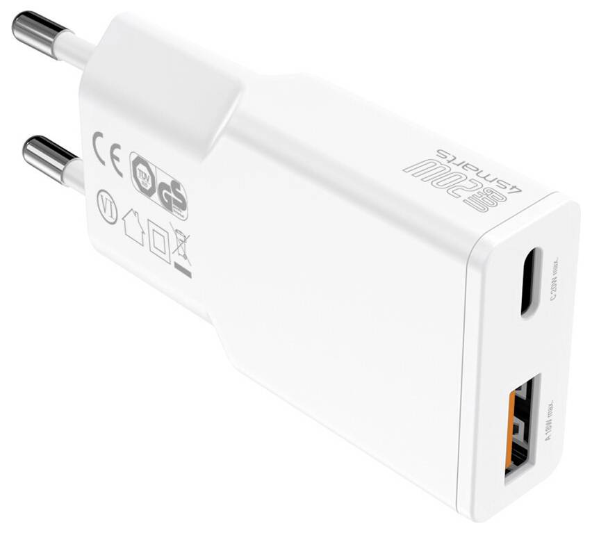 Weißes USB-Wandladegerät mit zwei runden EU-Steckern, einen USB-C-Anschluss und einen USB-A-Anschluss, abgebildet auf einem einfachen Hintergrund.