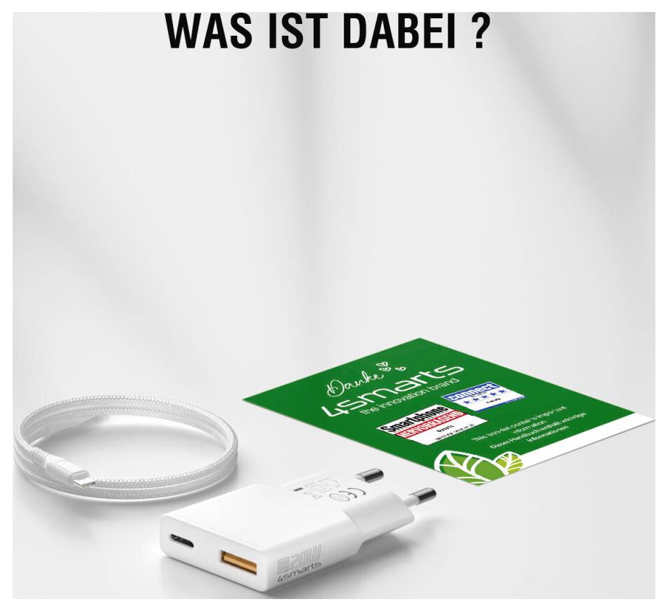 # WAS IST DABEI?[Abgebildet sind: Eine aufgerolltes USB-Kabel, ein weißes USB-Wandladegerät und eine grüne LsSmartS-Karte/Einsatz auf hellem Hintergrund.]