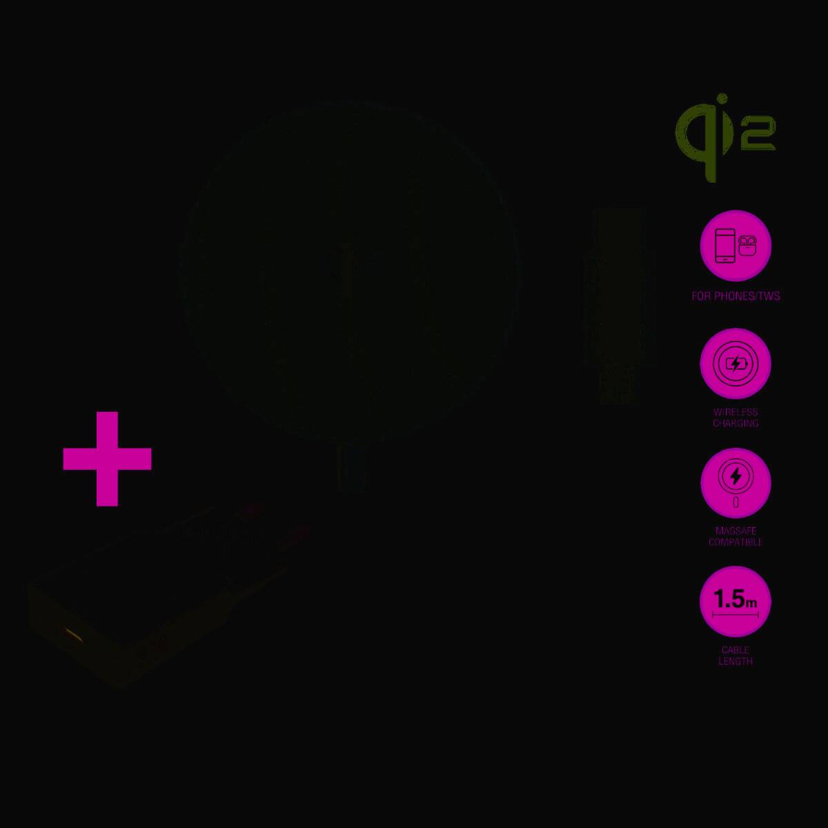 Dunkle Produktgrafik mit einem magentafarbenen Plussymbol auf der linken Seite und einer vertikalen Reihe von Funktionssymbolen auf der rechten Seite, einschließlich 