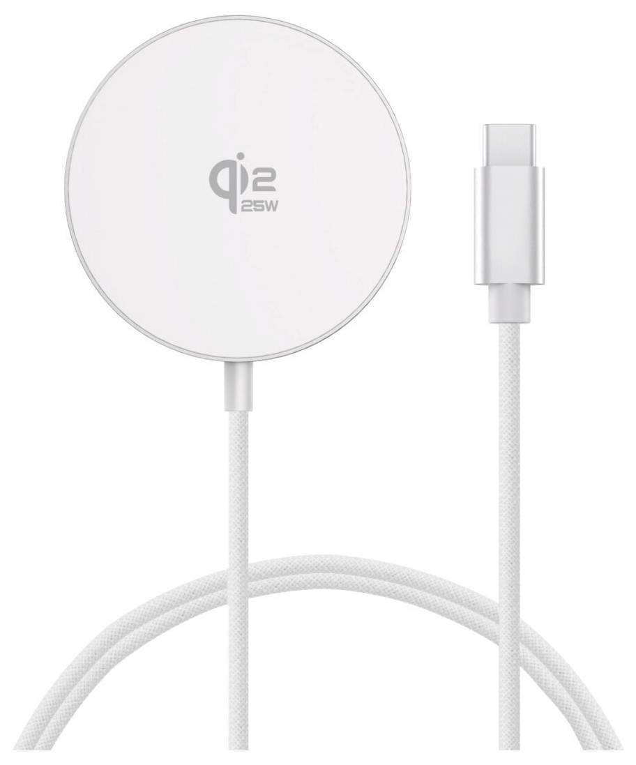 Weißes magnetisches kabelloses Ladegerät mit angebrachtem USB-C-Kabel in Vorderansicht auf schllichtem Hintergrund gezeigt.