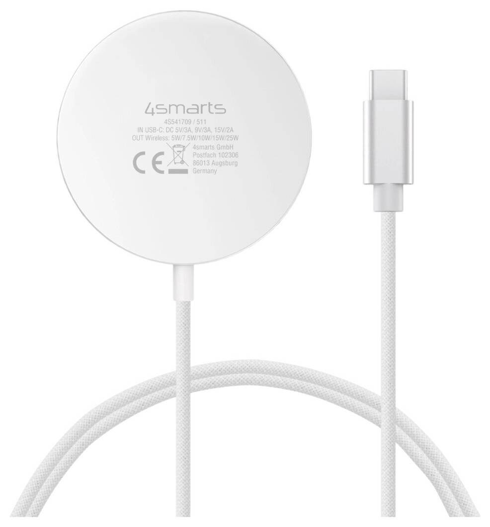 Weißes 4smarts Wireless-Ladegerät mit angeschlossenem USB-C-Kabel und Anschluss, dargestellt auf einfachem Hintergrund.