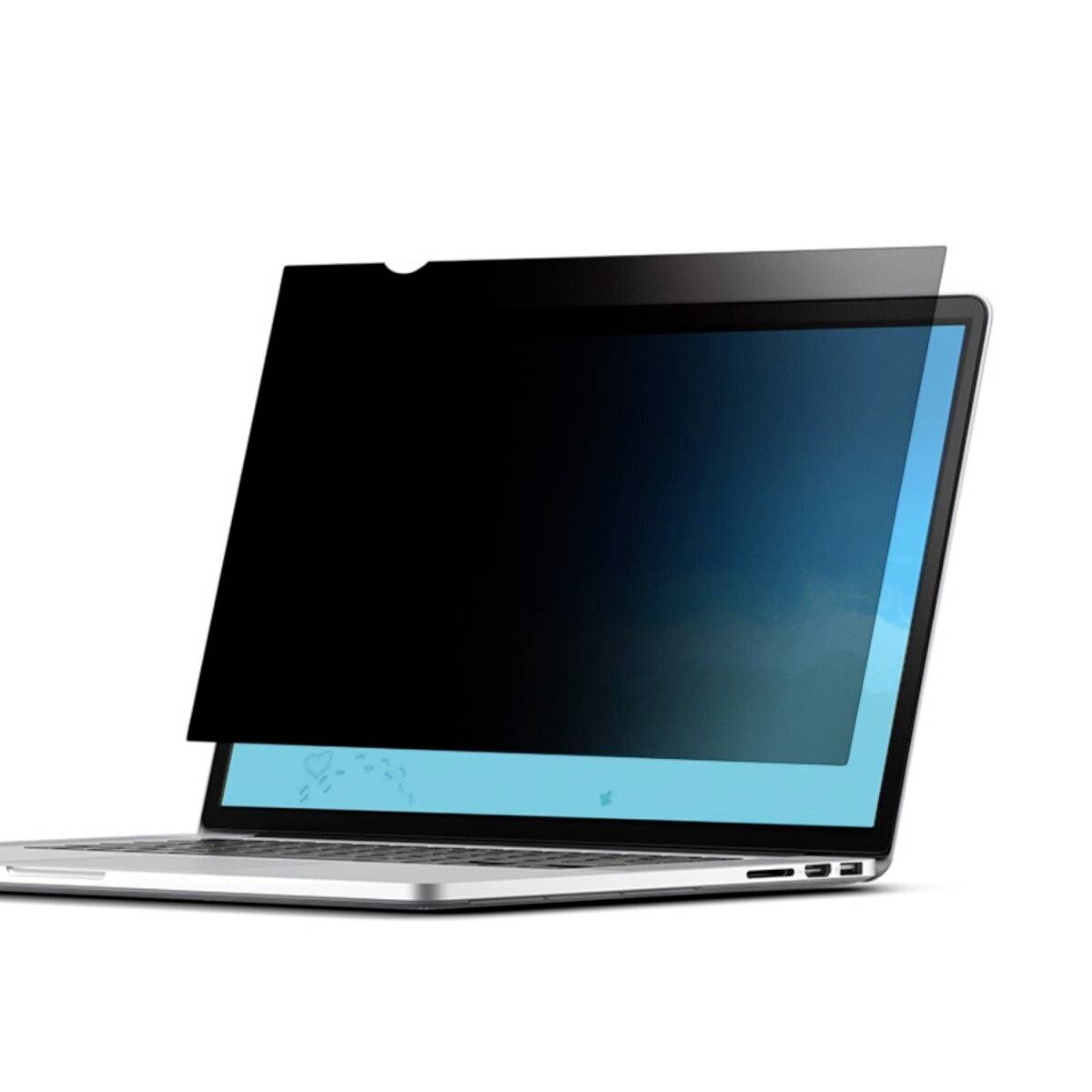 Offener Laptop mit schwarzem Datenschutzbildschirm über einem blauen Display, dargestellt auf weißem Hintergrund.