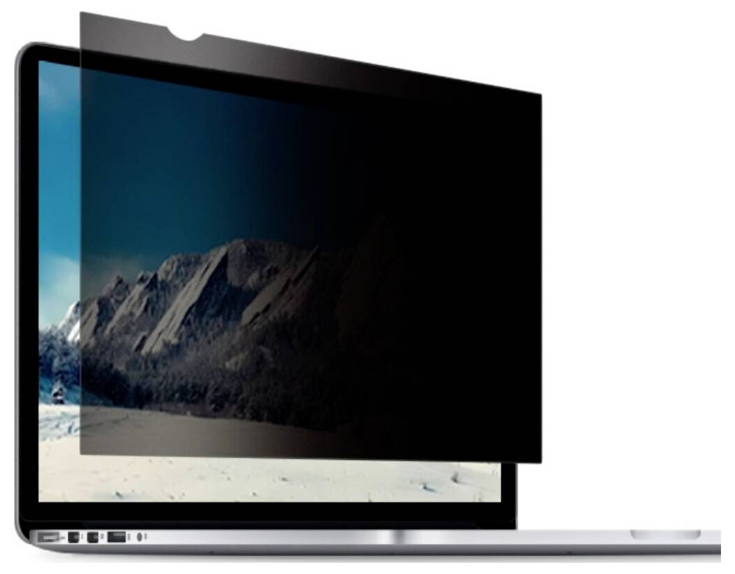 Laptop mit Bildschirm, auf dem eine Berglandschaft angezeigt wird, mit einem dunklen Overlay-Panel, das die Anzeige teilweise verdeckt.