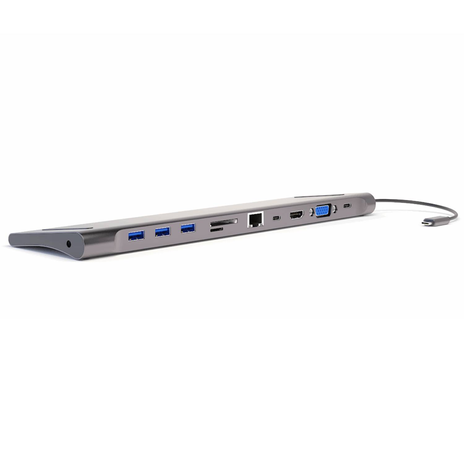 Schlanker Laptop-Dockingstation mit mehreren Anschlüssen, einschließlich USB, Ethernet, HDMI, VGA und Audio, dargestellt mit angeschlossenem Kabel.