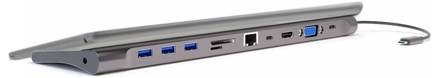 Seitenansicht eines dünnen Laptops mit mehreren Anschlüssen an der Kante, einschließlich USB-, HDMI-, Ethernet-, Audio- und Stromverbindungen.