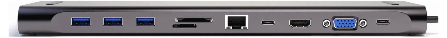 Seitenansicht eines Laptops mit linken und rechten Anschlüssen: USB-A, SD-Kartensteckplatz, HDMI, Ethernet, Audiobuchse und VGA-/Anzeigeverbindungen.