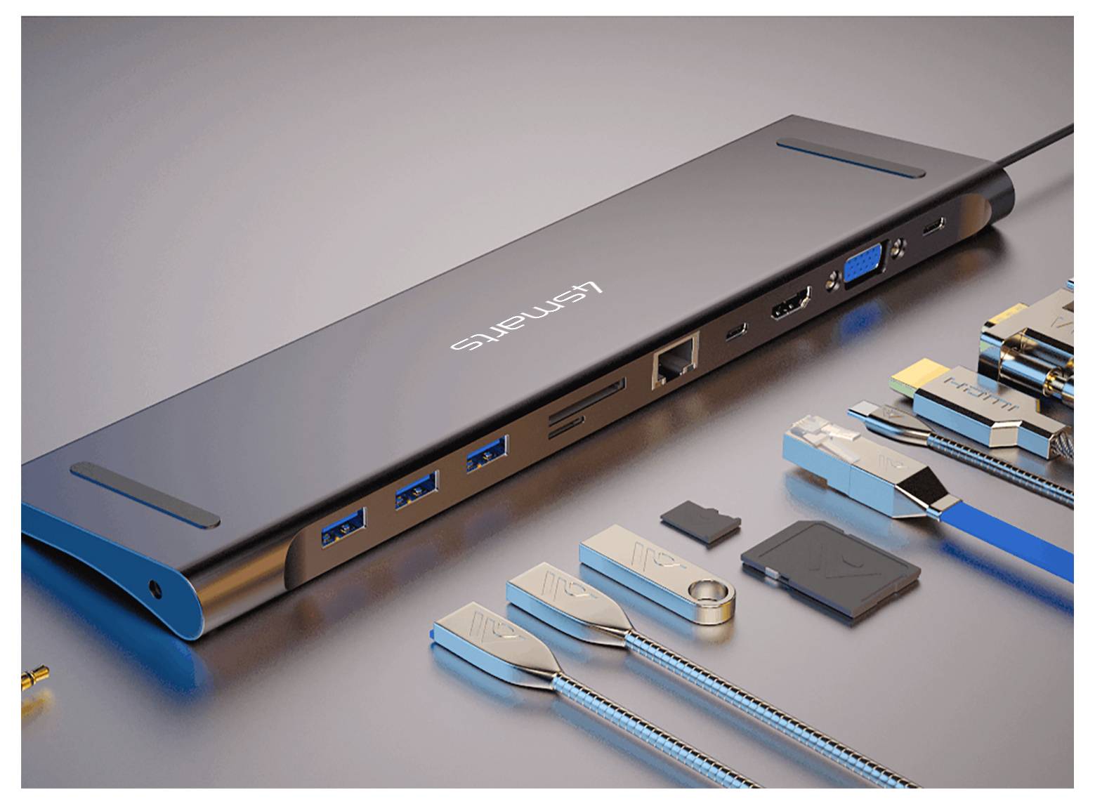 Eine Lenovo USB-C Dockingstation mit mehreren Anschlüssen, dargestellt mit abnehmbaren Steckverbindern und Adaptern, die auf einer grauen Oberfläche neben ihr angeordnet sind.