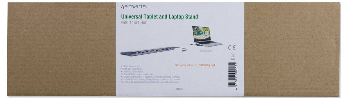 Produktbox für einen universellen Tablet- und Laptop-Ständer mit 11-in-1-Hub, auf dem Verpackung der Ständer, ein angeschlossener Laptop und USB-Anschlüsse gezeigt werden.