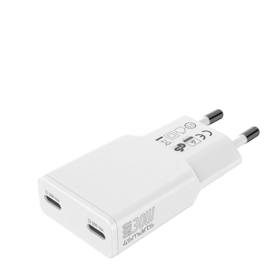 Weißes 45W USB-C Wandladegerät mit zwei runden EU-Steckdosen und zwei USB-C-Anschlüssen, gezeigt auf weißem Hintergrund.