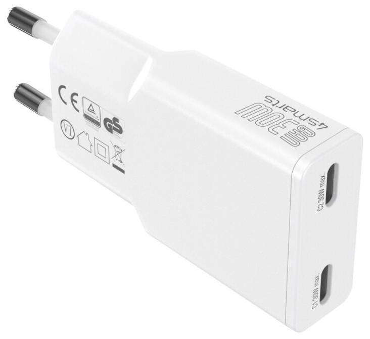 Weißes USB-Wandladegerät mit zwei Steckern und zwei USB-Anschlüssen, in schräger Ansicht auf weißem Hintergrund dargestellt.