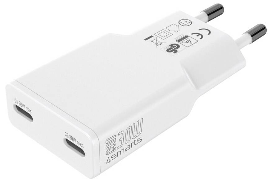 Weiß/weißes Dual-Port USB-C-Wandladegerät mit der Bezeichnung „30W 4smarts