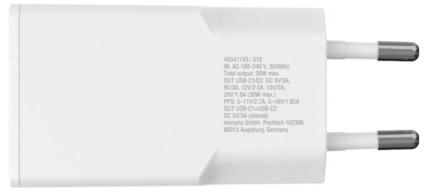 Weißes USB-Wandladegerät mit zwei runden europäischen Steckdosenstiften und aufgedruckten Leistungsspezifikationen auf der Seite.