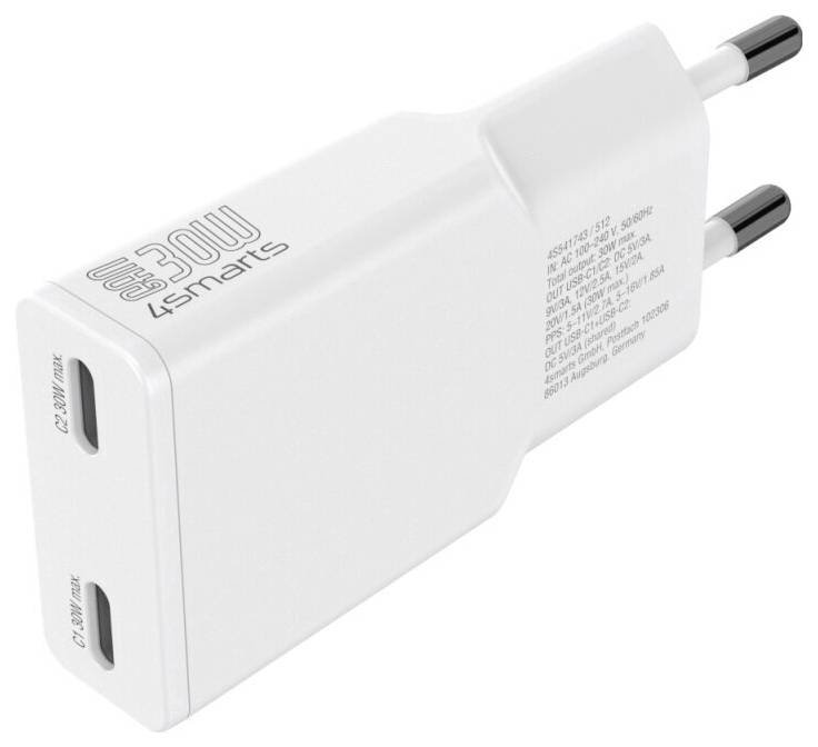 Weißes 30W 4smarts USB-C Wandladegerät mit zwei USB-C-Anschlüssen und EU-Flachstecker, auf weißem Hintergrund dargestellt.