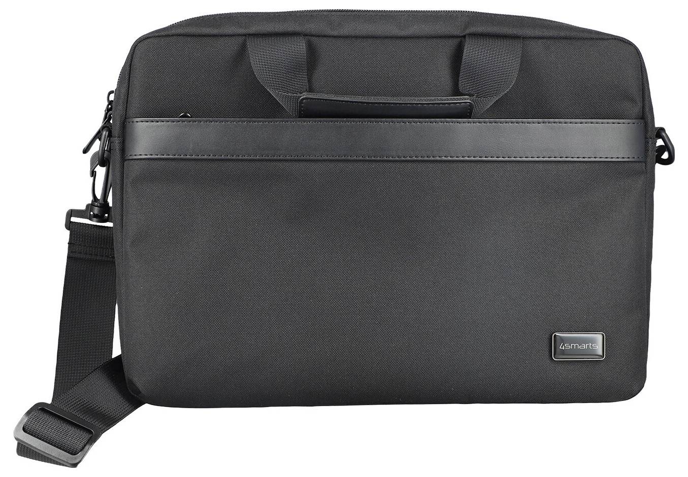 Schwarze Laptop-Aktentasche mit Griffen, Schultergurt und vorderer Reißverschlusstasche auf weißem Hintergrund.