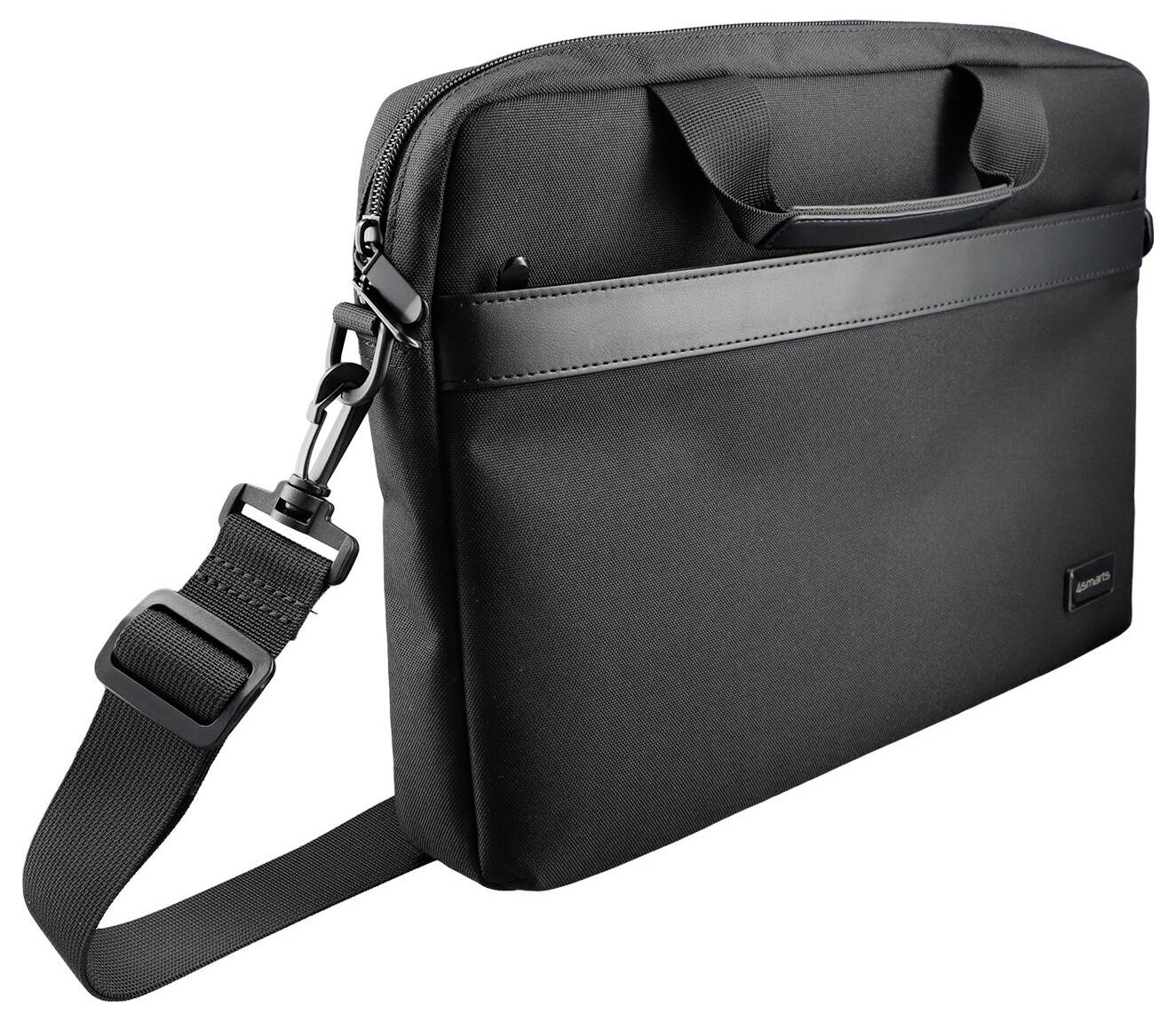 Schwarze Laptop-Schultertasche mit Griff oben und verstellbarem Riemen auf weißem Hintergrund.