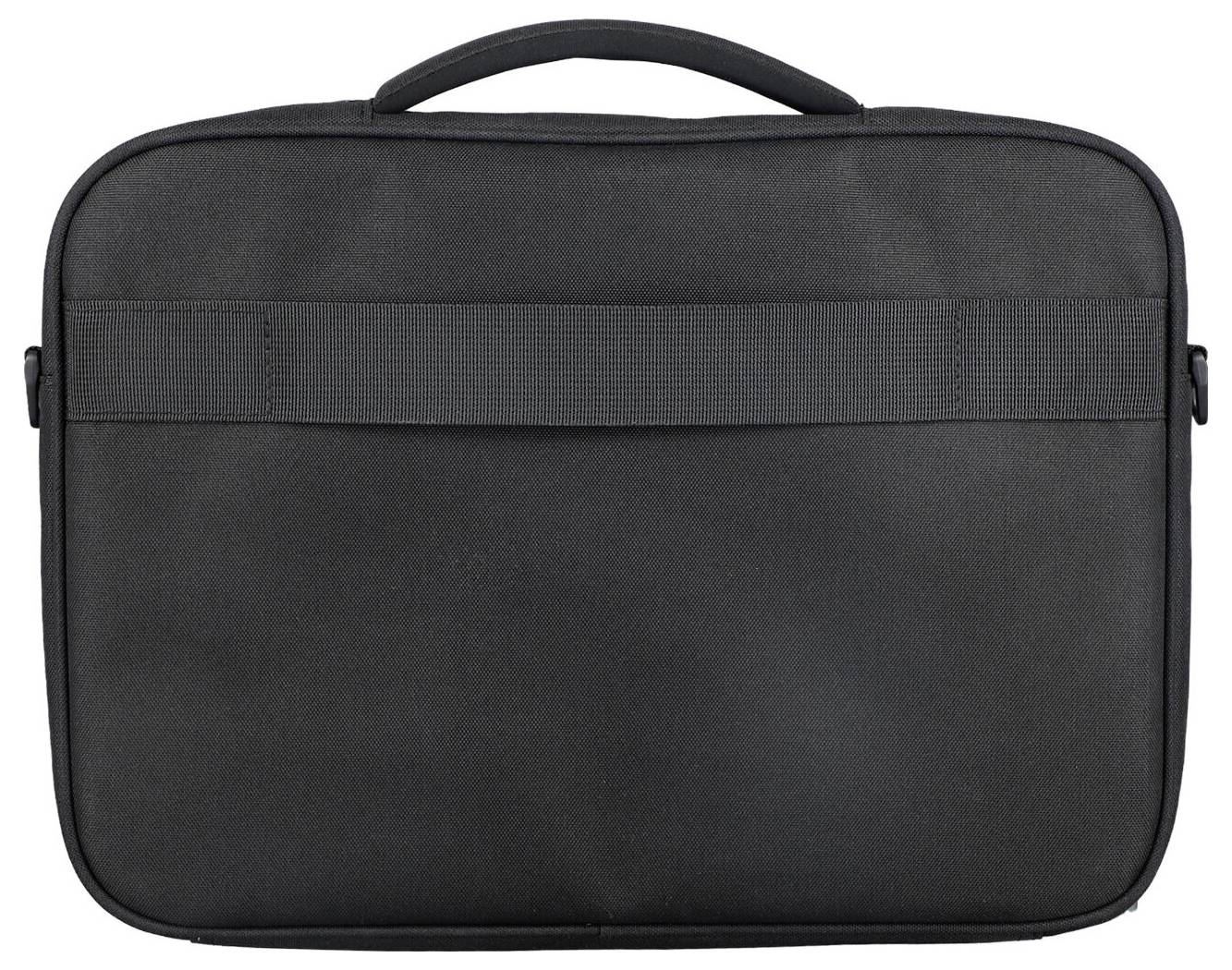 Schwarze Laptop-Aktentasche mit Reißverschluss und oberem Tragegriff, Vorderansicht auf weißem Hintergrund.