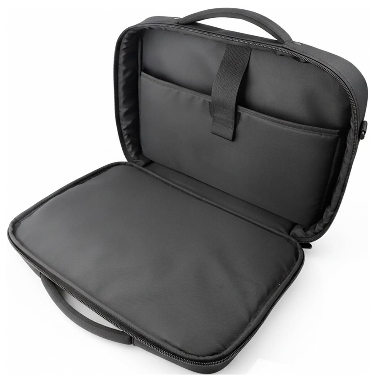 Schwarze, reißverschlossene Laptop-Tasche, offen auf weißem Hintergrund, mit gepolstertem Inneren, Griff und Sicherungsriemen.