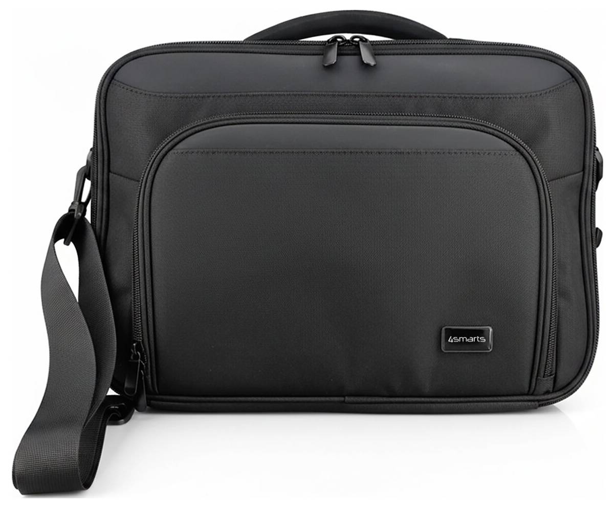 Schwarze 4smarts Schultertasche oder Laptoptasche mit reißverschlussverschlossenem vorderen Fach und verstellbarem Riemen auf weißem Hintergrund