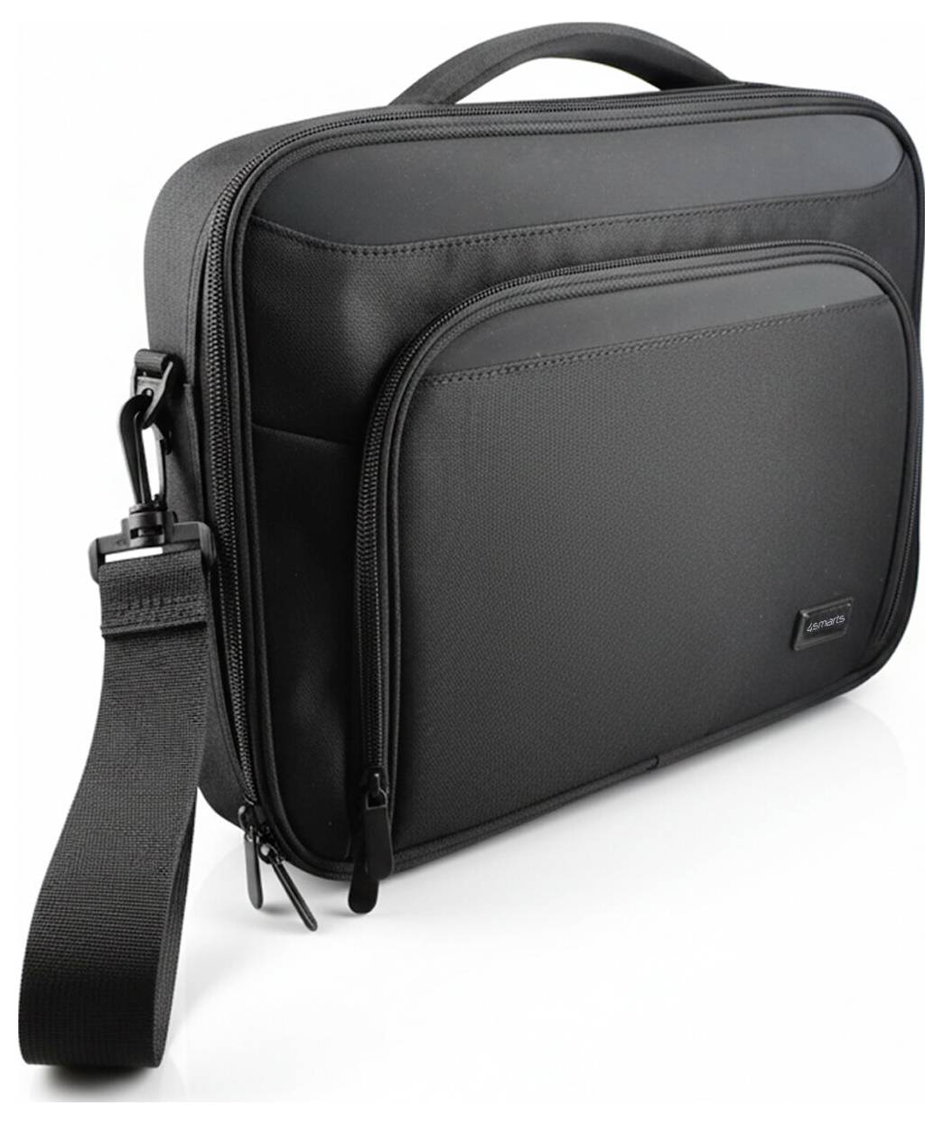 Schwarze Laptop-Aktentasche mit Reißverschluss, Griff und Schultergurt auf weißem Hintergrund.