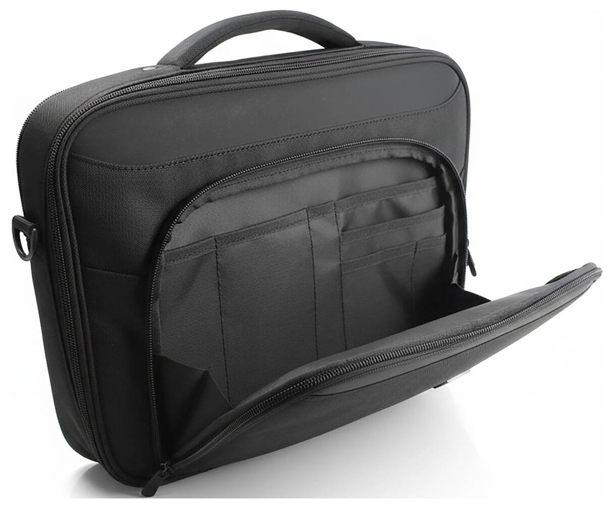 Schwarze Transporttasche mit Reißverschluss, Griff und Frontorganizer-Tasche, teilweise offen, um Aufbewahrungsfächer zu zeigen.