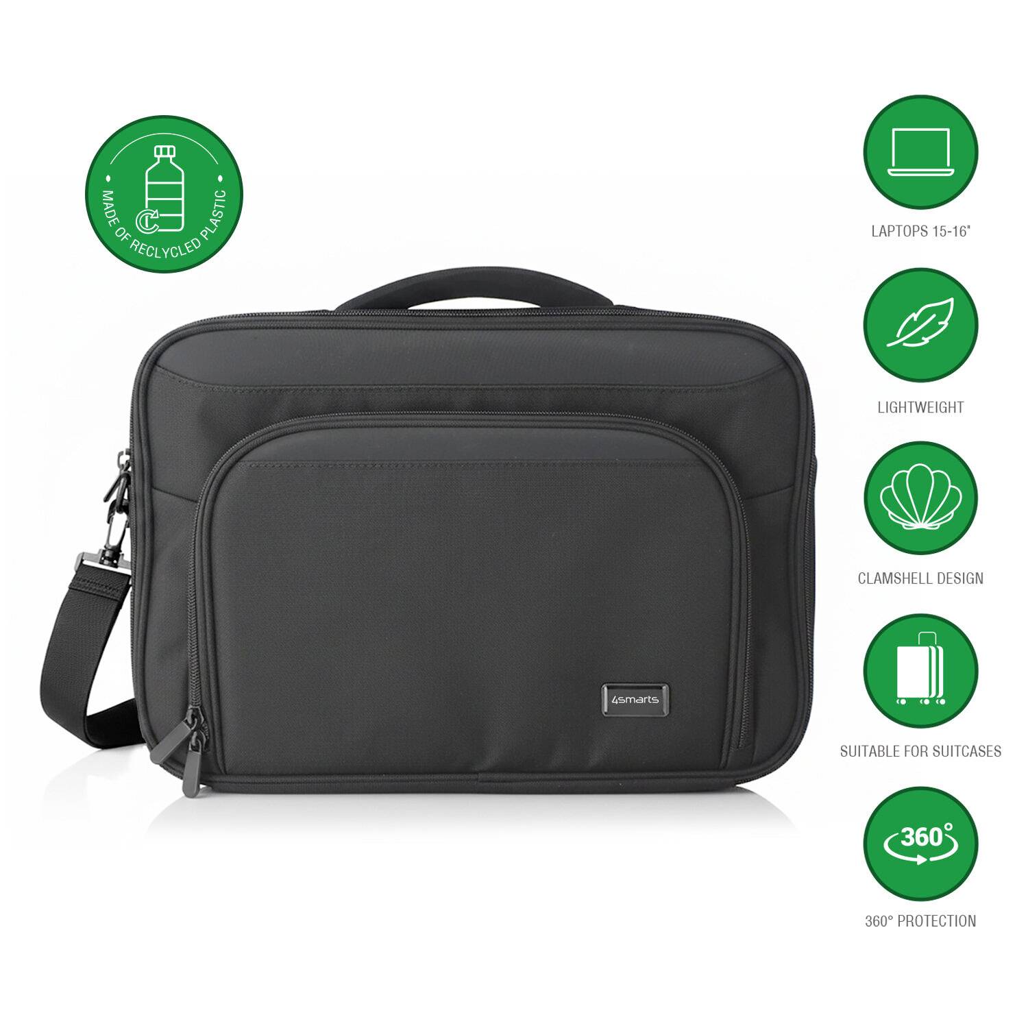 Schwarze Laptop-Umhängetasche mit Riemen, Vorderansicht; Symbole zeigen recyceltes Kunststoff, passt für 15-16