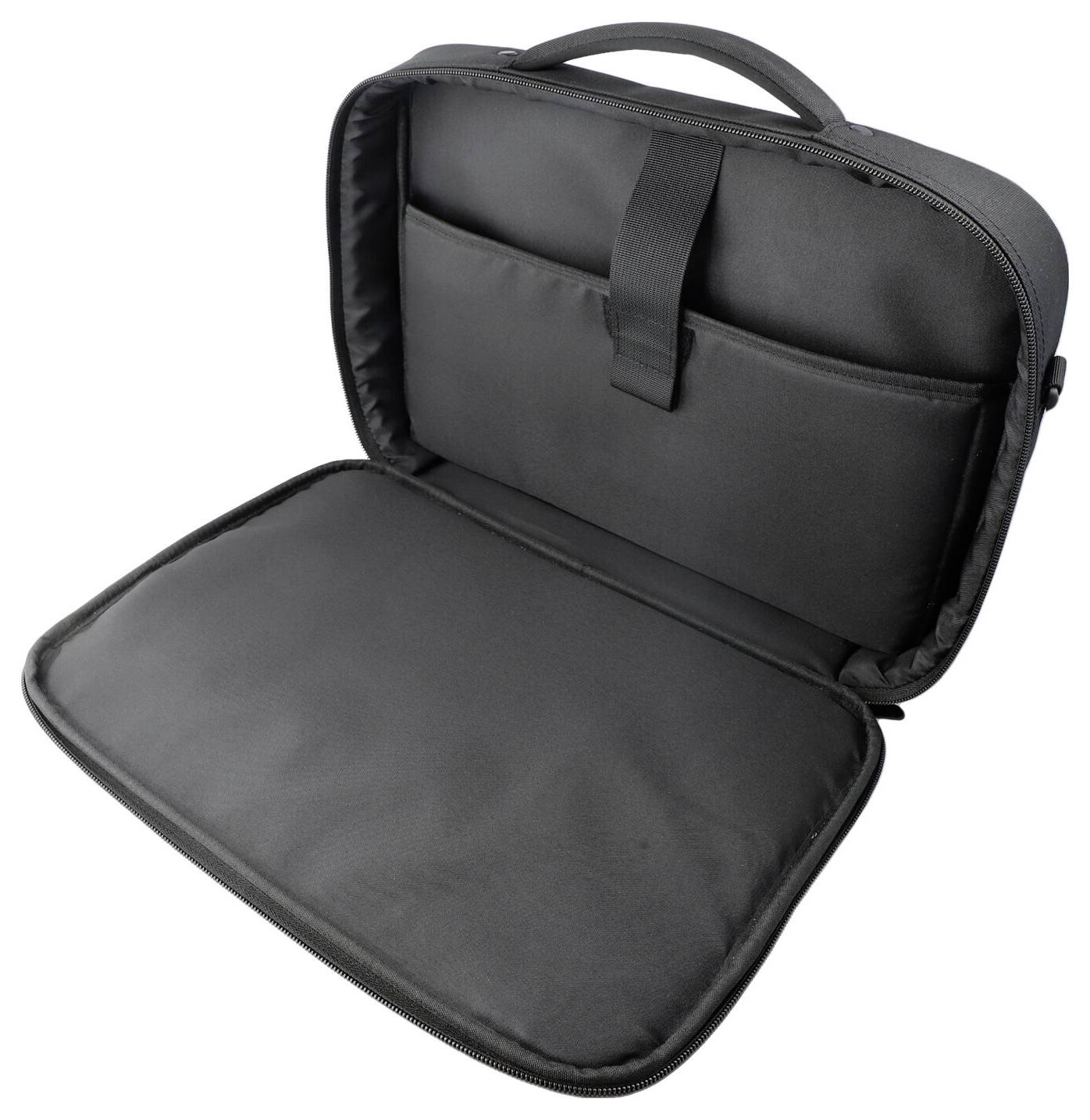 Offene schwarze Laptop-Tasche mit Reißverschluss, Griff und gepolsterten Innentaschen, auf weißem Hintergrund abgebildet.