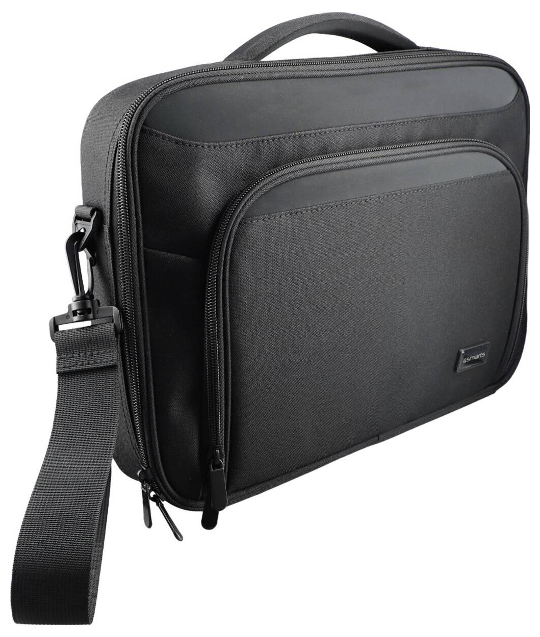 Schwarze Laptop-Transporttasche mit vorderer Reißverschlusstasche, Griff oben und verstellbarem Schultergurt auf weißem Hintergrund.