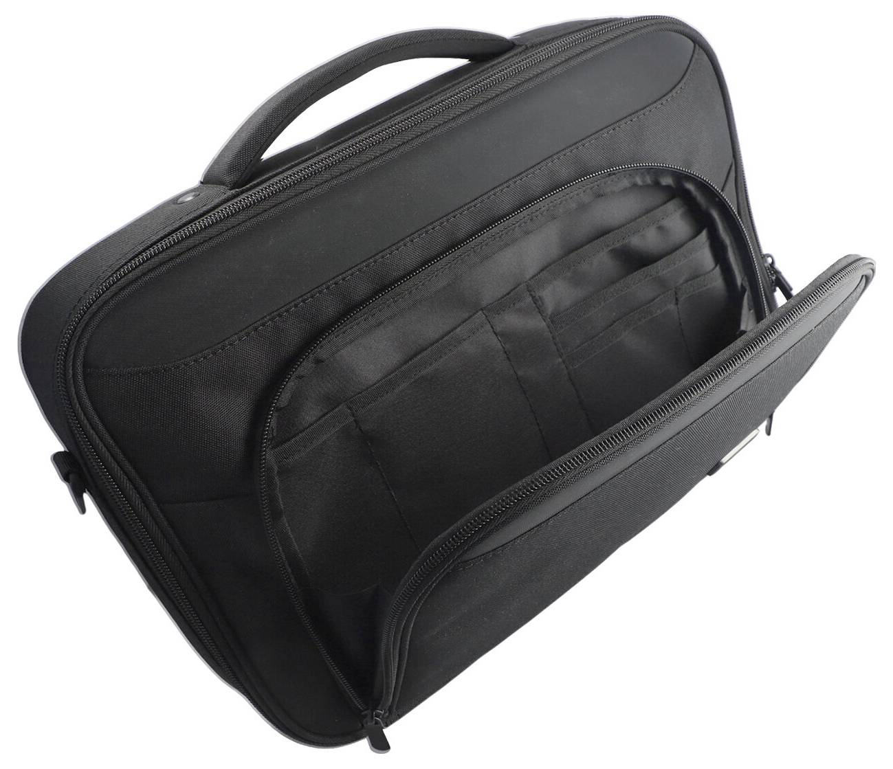 Schwarze Laptop-Aktentasche mit Reißverschluss, Tragegriff oben und Vordertasche, auf weißem Hintergrund abgebildet.