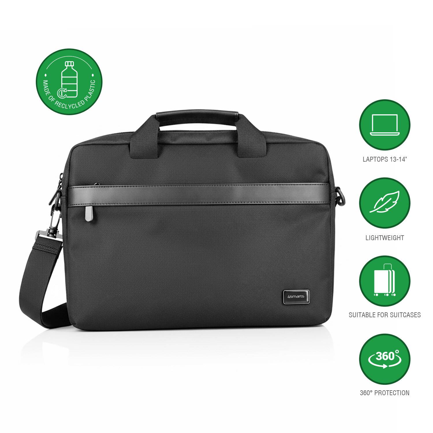 Schwarze Laptoptasche mit Schultergurt und Tragegriff, gezeigt mit Funktionssymbolen für recyceltes Kunststoff, passt für 13-14-Zoll-Laptops, leicht, Koffer und 360°-Schutz.
