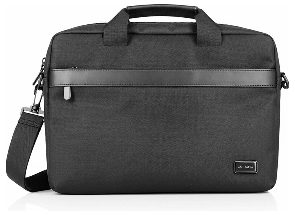 Schwarze Laptop-Aktentasche mit Griffleiste oben, Schultergurt und Reißverschlusstasche vorne auf weißem Hintergrund.