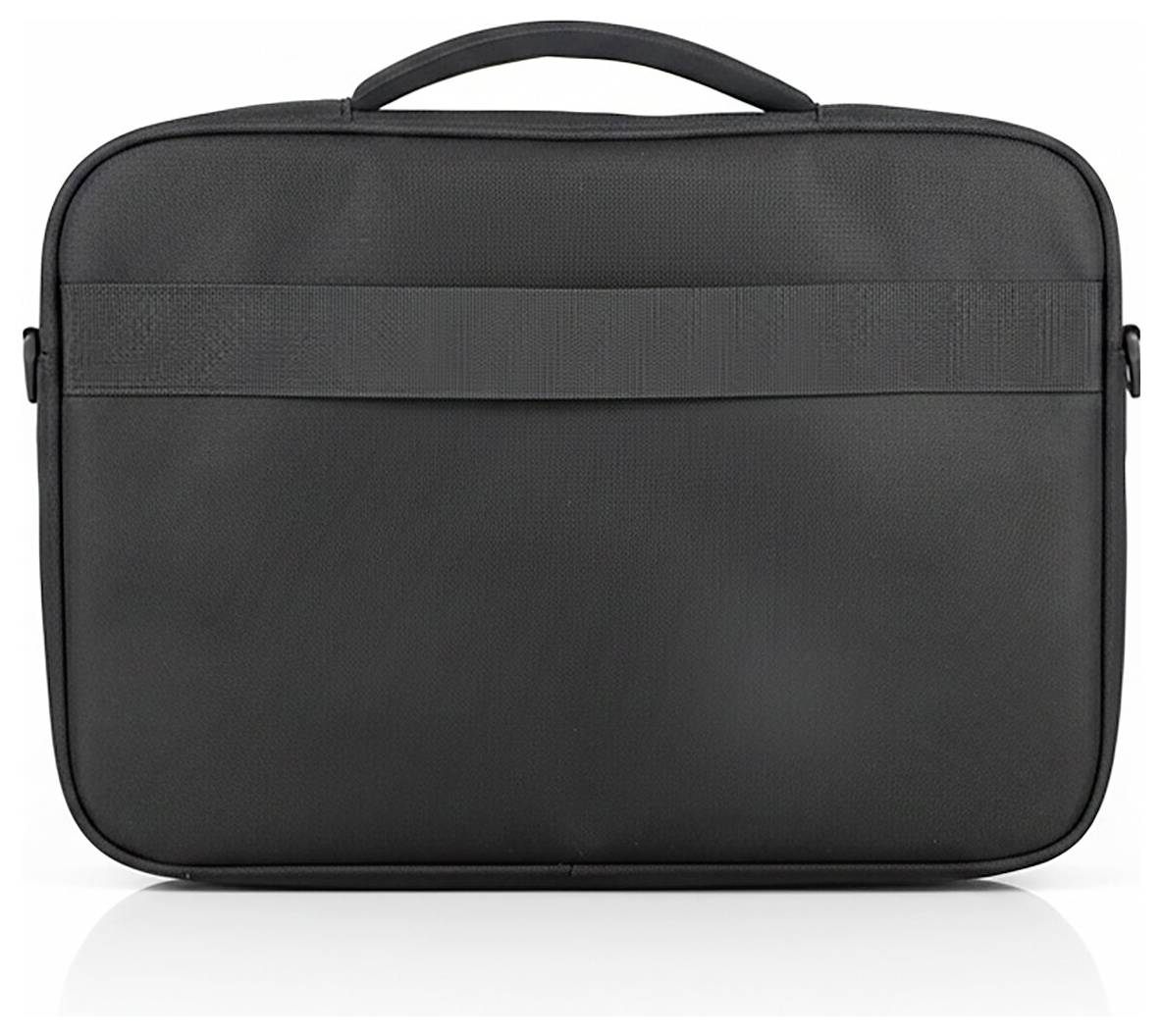 Schwarze Laptop-Aktentasche mit Griffen oben, Reißverschluss und Vordertasche auf weißem Hintergrund.