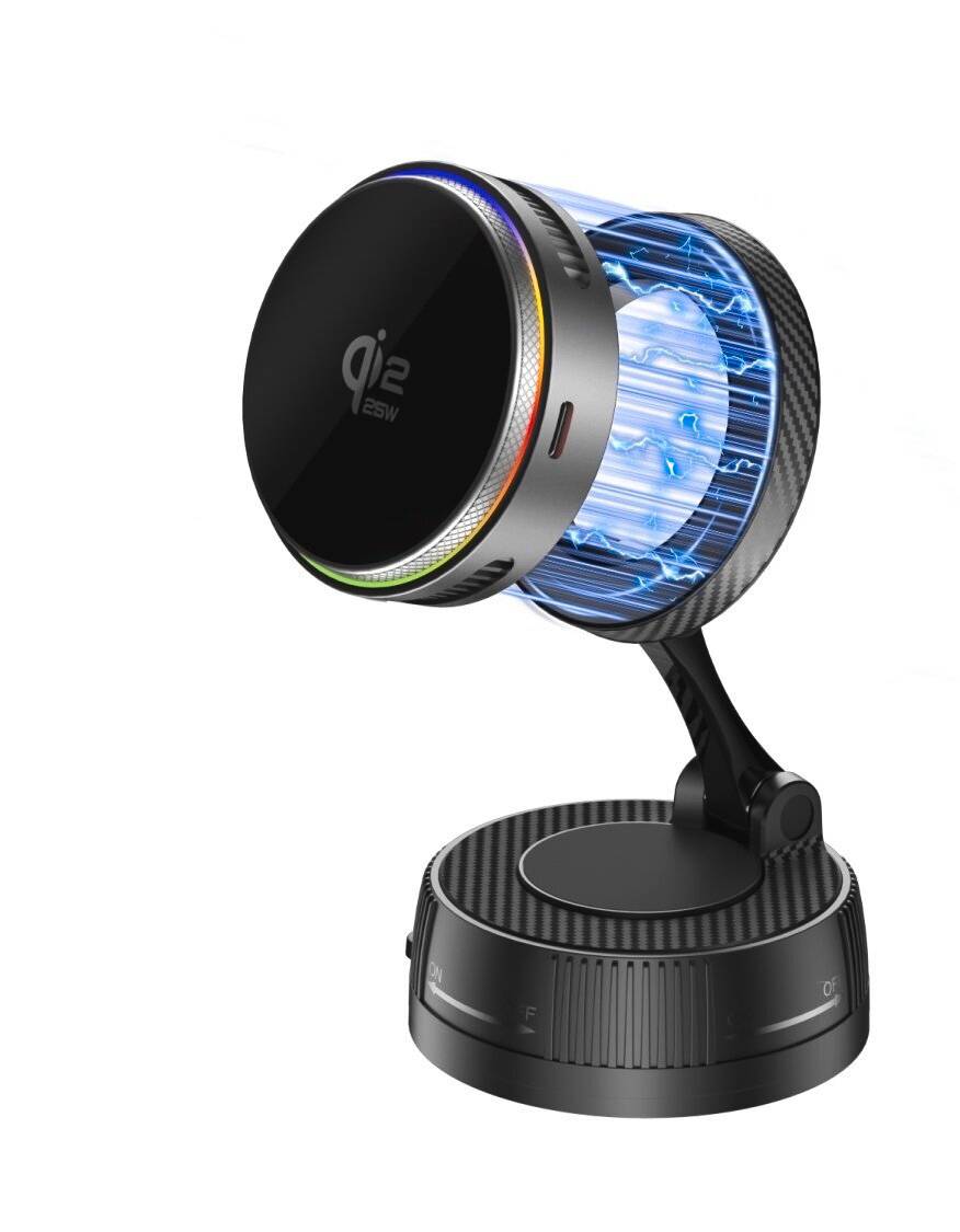 Eine schwarze Qi-Wireless-Lade-Kfz-Halterung mit kreisförmigem magnetischem Telefonhalter und drehbarem Ständer, dargestellt in einer produktstylisierten Darstellung.