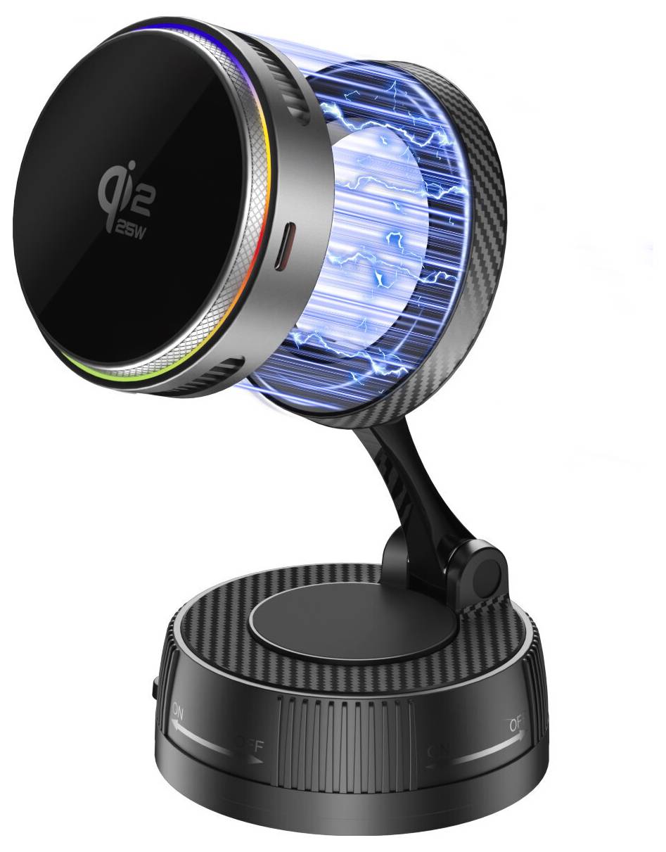 3D-gerendertes schwarzes Qi2 25W magnetisches kabelloses Telefon-Ladegerät auf einem verstellbaren Ständer mit kreisförmiger Basis, dargestellt mit blauem leuchtenden Energieeffekt auf weißem Hintergrund.