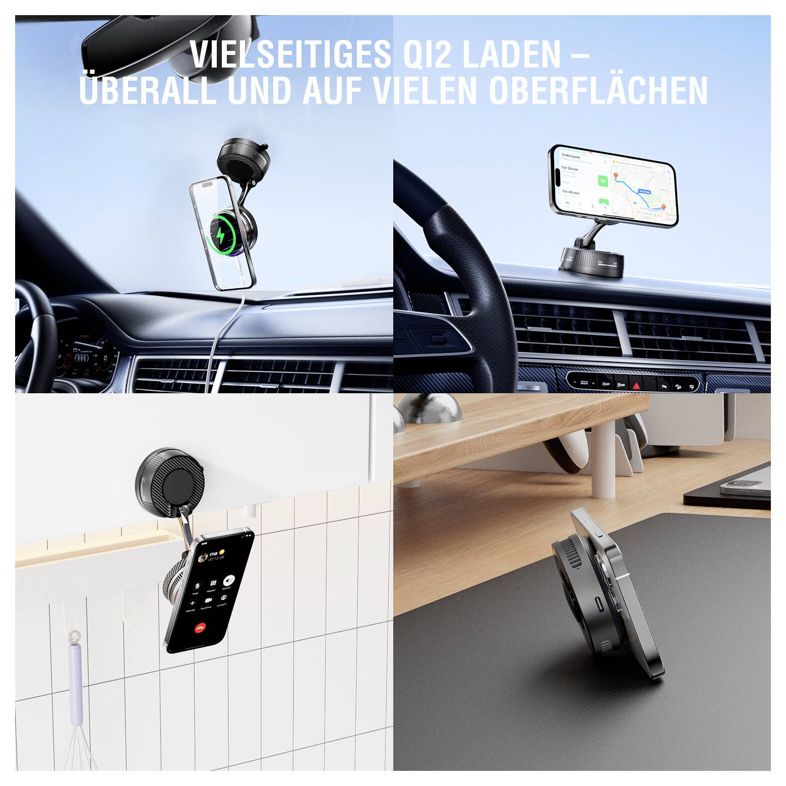 Collage zeigt ein magnetisches kabelloses Handyladegerät in vier Positionen: Armaturenbrett, Lüftung, Badezimmerwand und Schreibtisch. Der Text lautet „VIELSEITIGES QI2 LADEN - ÜBERALL UND AUF VIELEN OBERFLÄCHEN